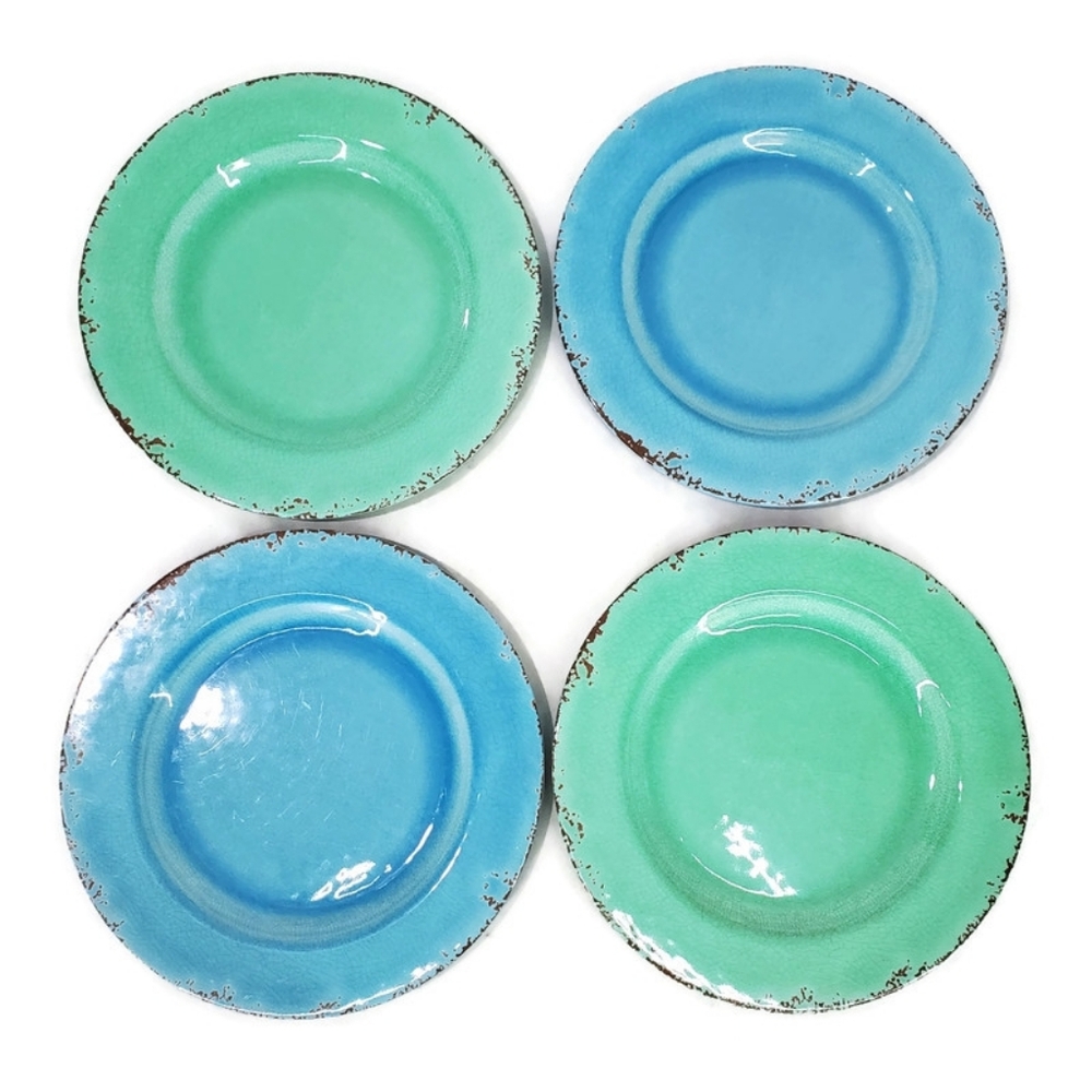 4 Williams Sonoma Rustic Melamine Plates Blue Green 11 Inches Dinner Plates